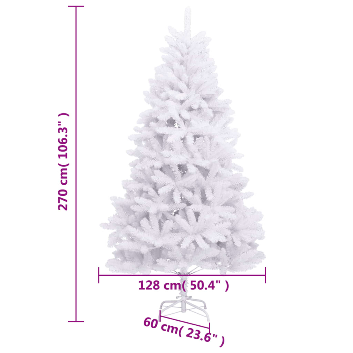 Ein weißer Weihnachtsbaum mit Maßangaben. Er ist 270 cm hoch und 128 cm breit. Die Basis ist 60 cm.