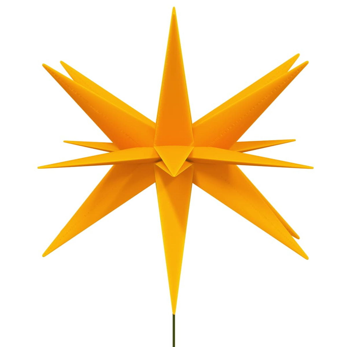 Ein orangefarbenes sternförmiges Ornament mit mehreren spitz zulaufenden Armen. Es hat einen dunkelgrünen Stiel. Der Hintergrund ist einfarbig weiß.