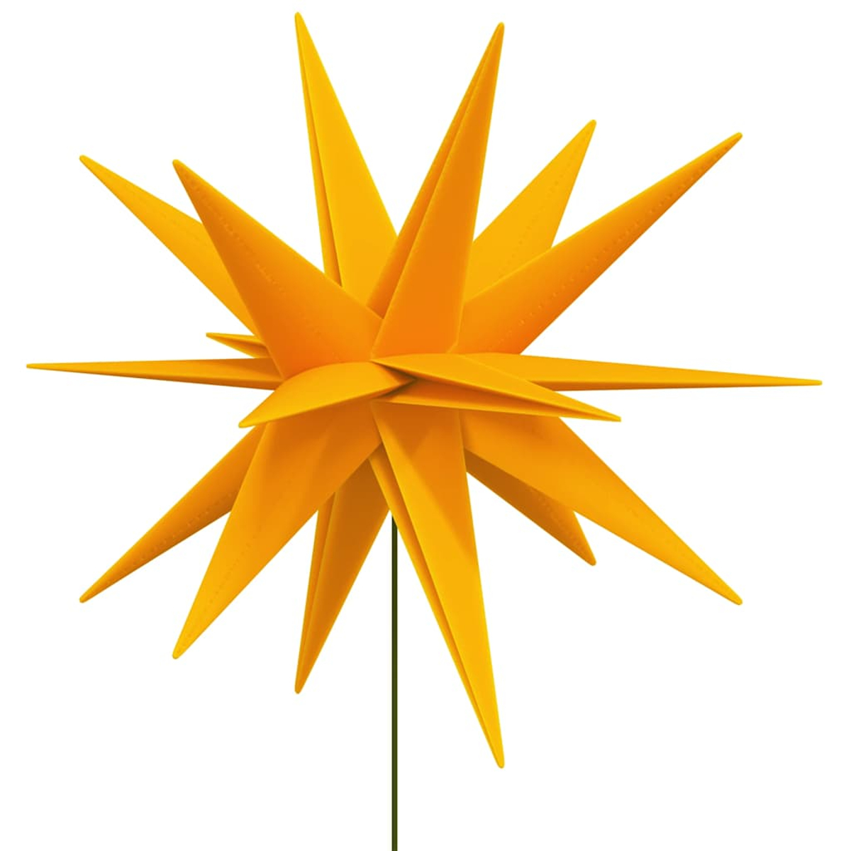 Ein orangefarbenes sternförmiges Ornament auf einem grünen Stiel vor weißem Hintergrund. Es hat viele spitze Kanten, wie ein Sternenhimmel.