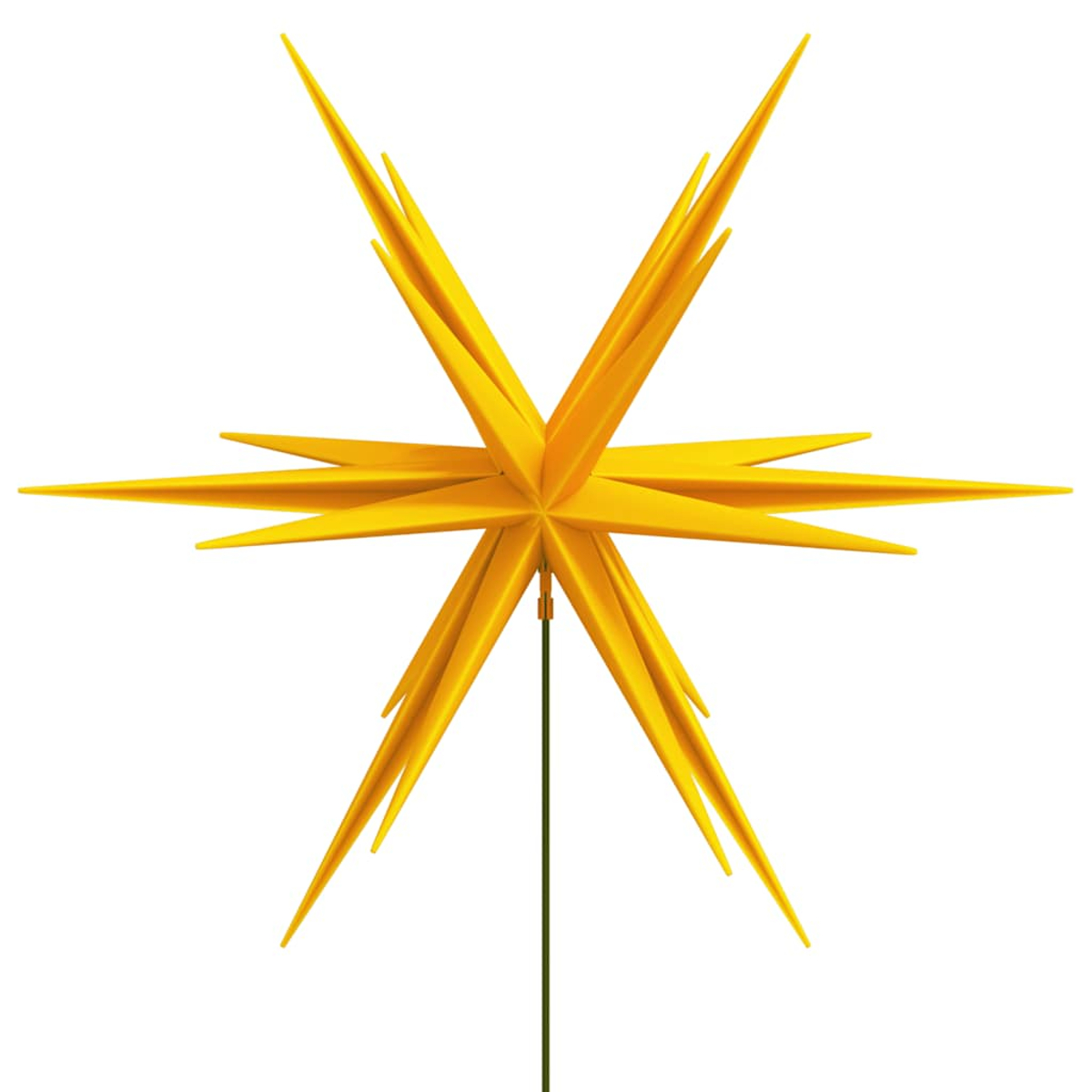 Ein gelbes sternförmiges Ornament. Es hat spitze Punkte und befindet sich auf einer grünen Stange vor weißem Hintergrund.