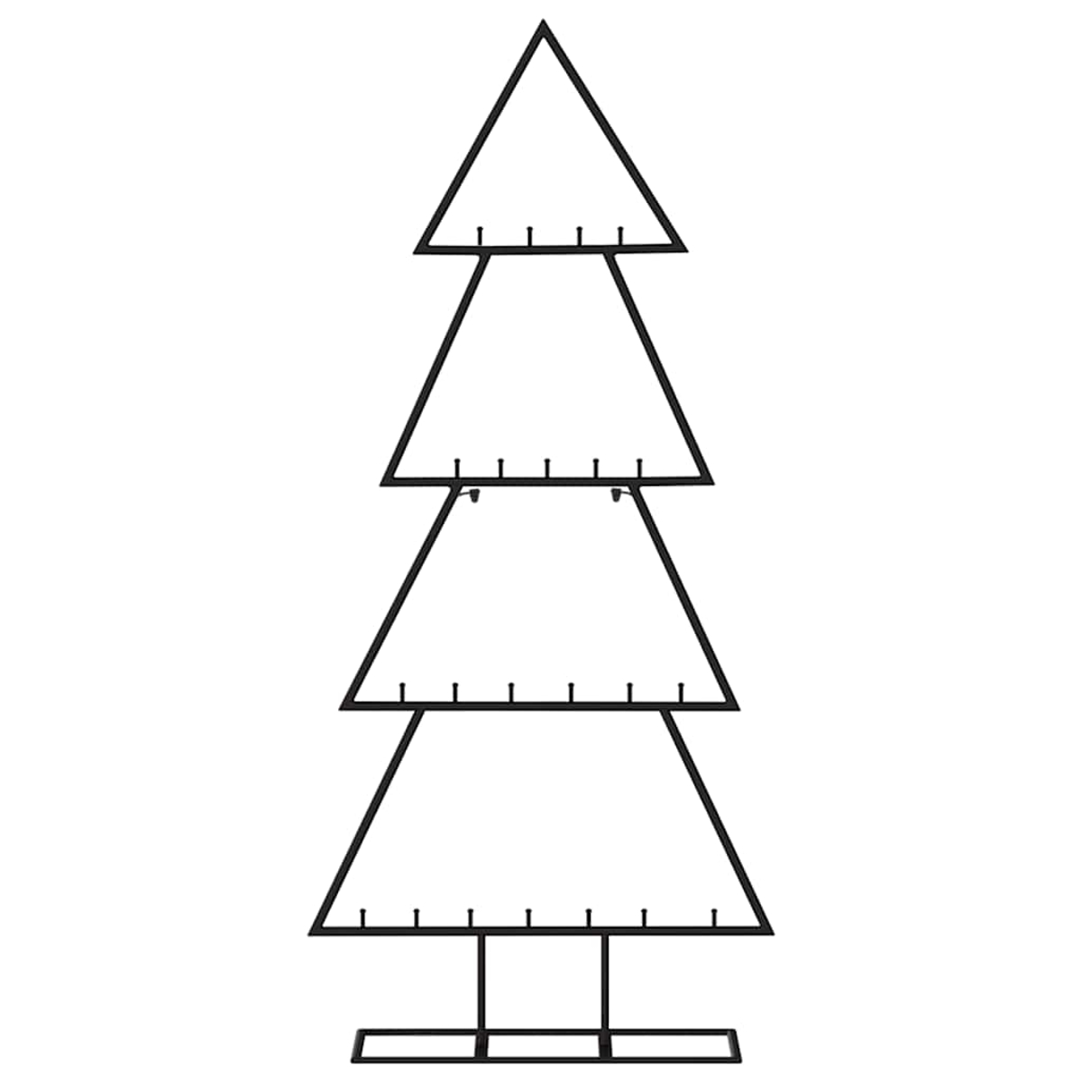 Ein schwarzer Weihnachtsbaum-Display-Ständer aus Metall mit vier dreieckigen Abschnitten. Jeder Abschnitt hat kleine Haken zum Aufhängen von Gegenständen. Weißer Hintergrund.