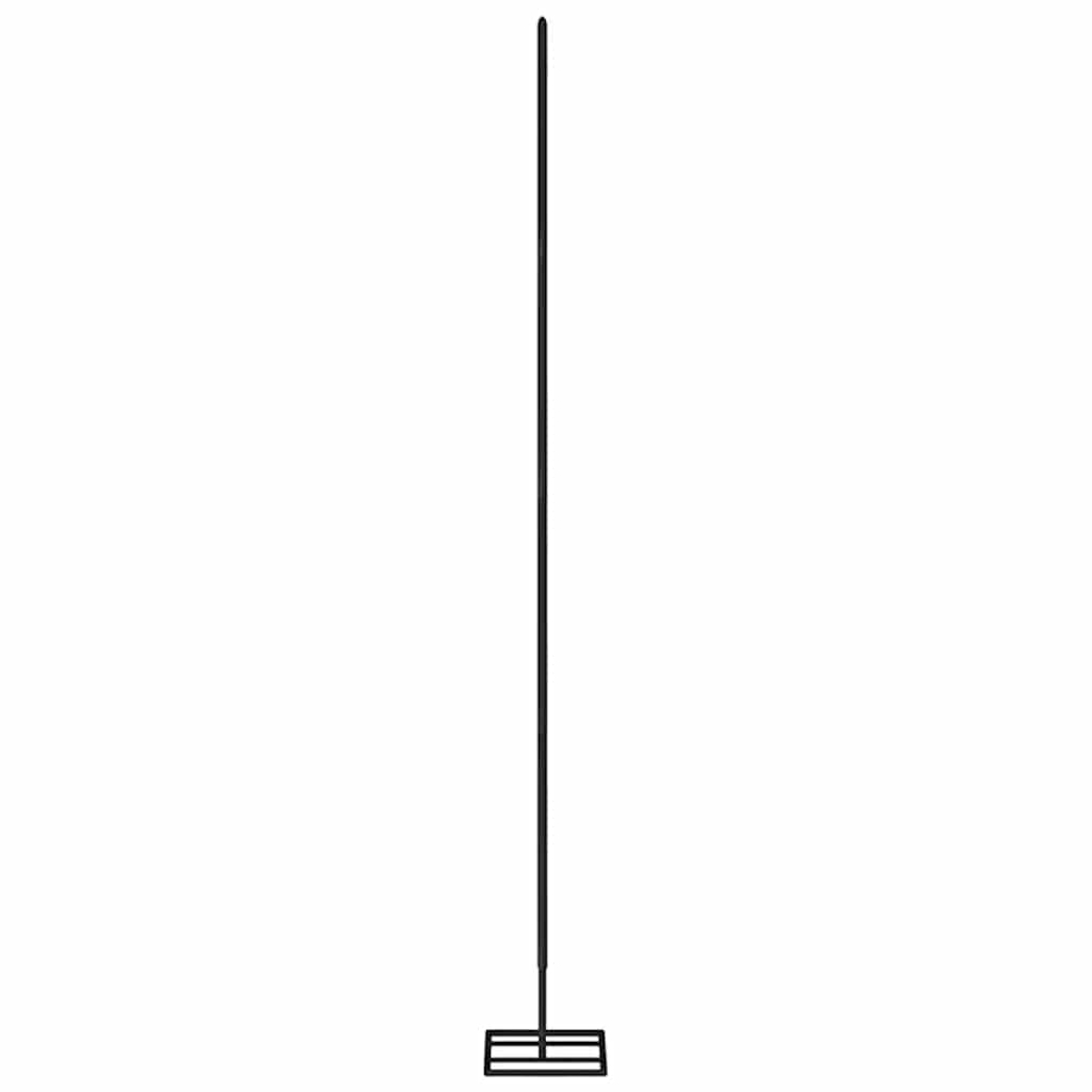 Eine minimalistische schwarze Stehlampe. Sie hat einen dünnen, geraden Pfahl mit rechteckigem Fuß. Der Hintergrund ist weiß.