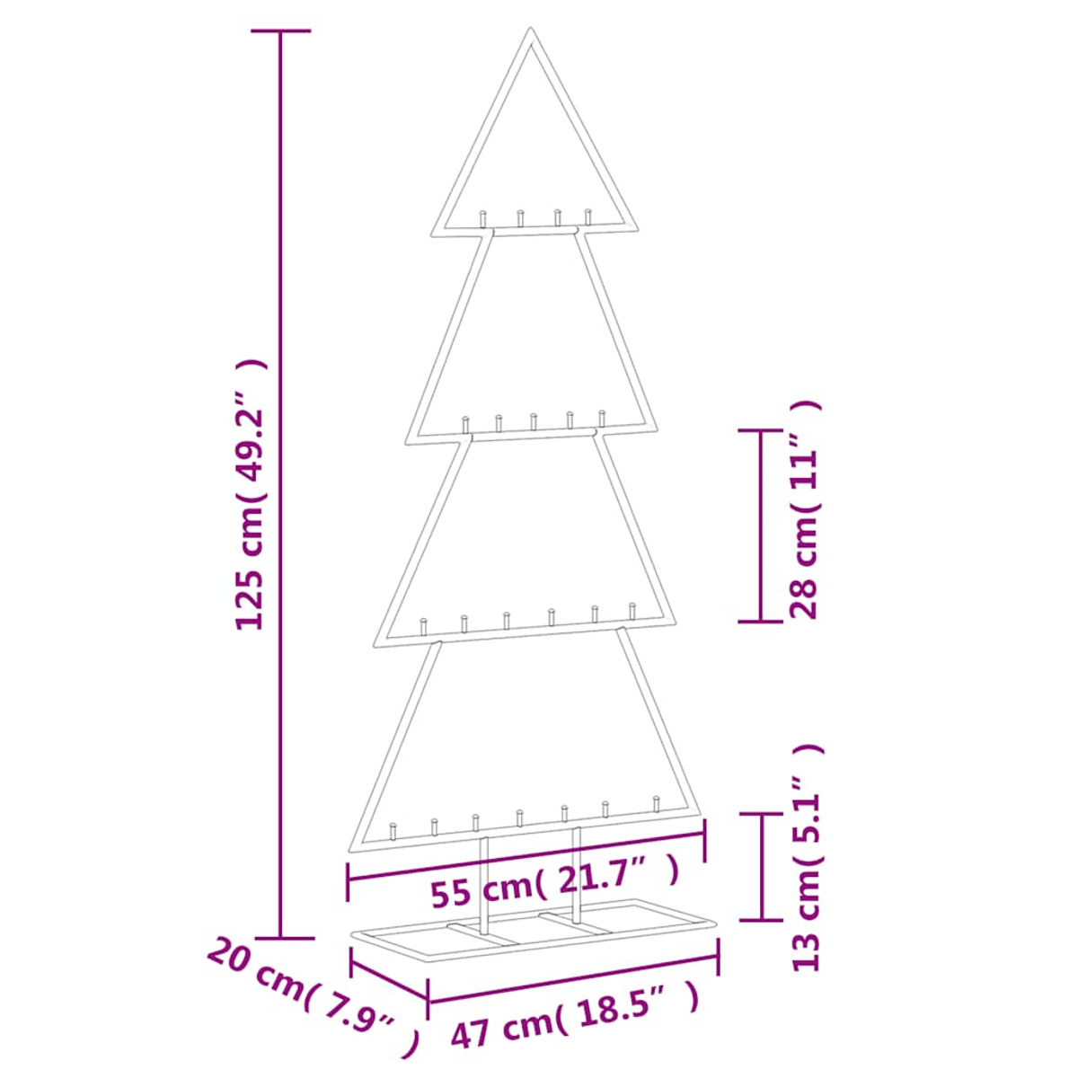Diagramm eines weihnachtsbaumförmigen Ausstellungsständers. Er hat vier dreieckige Regale und eine rechteckige Basis. Maße in cm und Zoll sind beschriftet.