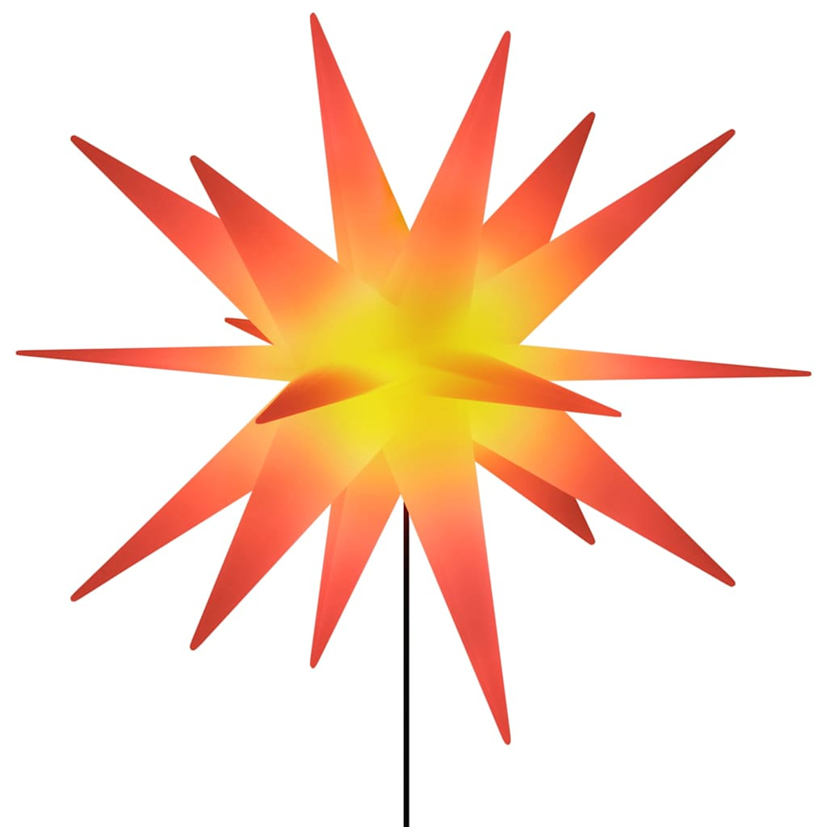 Eine sternförmige Dekoration mit Farbverläufen in Orange und Gelb. Sie hat viele spitze Strahlen und eine schwarze Stange. Der Hintergrund ist weiß.