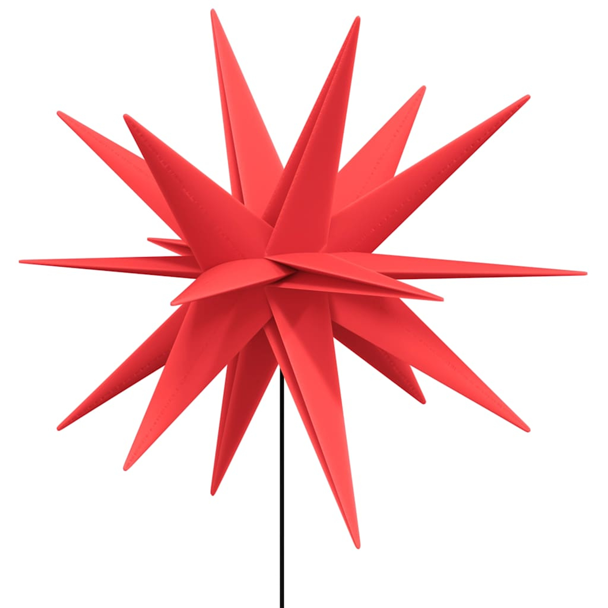 Ein leuchtend roter Sternschmuck mit scharfen Spitzen, montiert auf einer schwarzen Stange, vor weißem Hintergrund. Der Stern ist der Mittelpunkt.