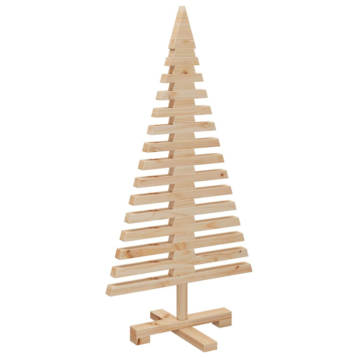 Ein Weihnachtsbaum aus Holz mit horizontalen Brettern, die in einer dreieckigen Form angeordnet sind. Er steht auf einem kreuzförmigen Fuß, der Hintergrund ist weiß.