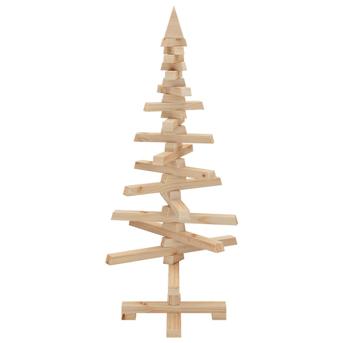 Ein Weihnachtsbaum aus Holz, der aus gestapelten rechteckigen Blöcken besteht. Der Baum hat eine dreieckige Spitze und horizontale Äste.