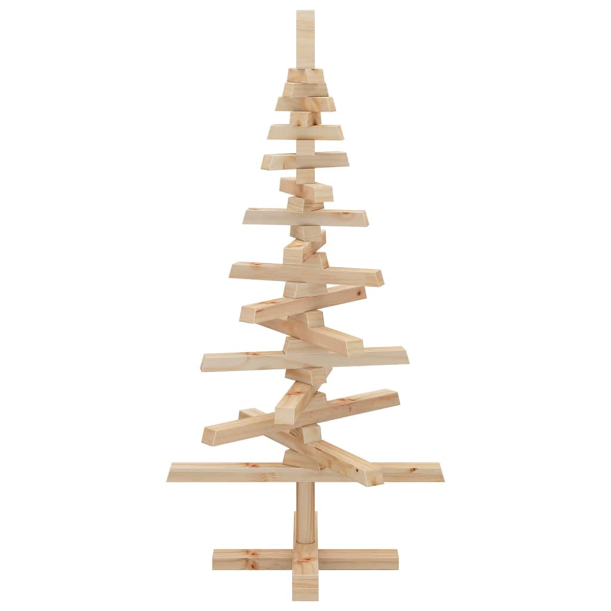 Weihnachtsbaum aus Holz aus kleinen Holzblöcken, die in Form eines Baumes angeordnet sind. Der Hintergrund ist weiß.
