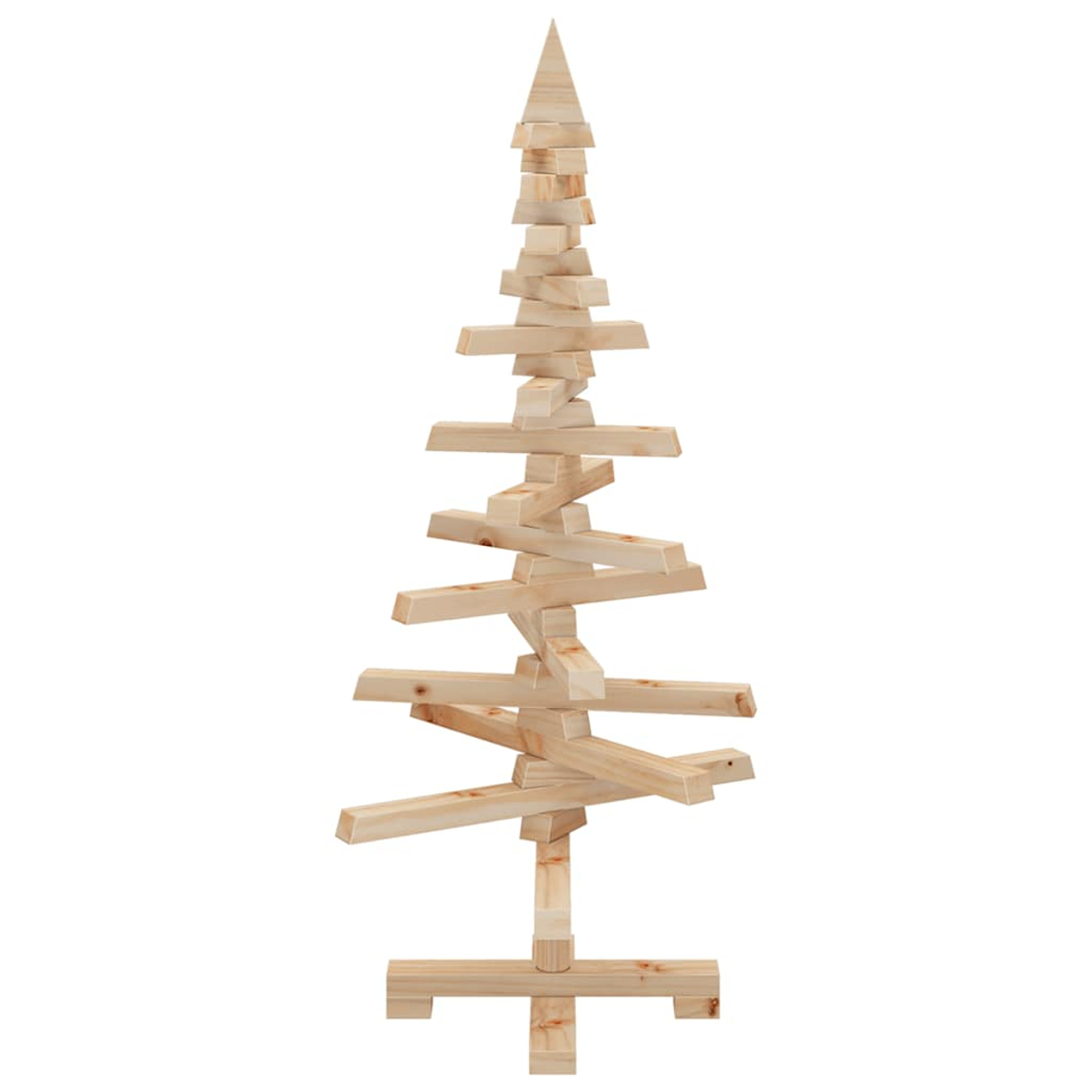 Ein Weihnachtsbaum aus Holz, der aus gestapelten und abgewinkelten Holzblöcken besteht und sich vor einem schlichten weißen Hintergrund befindet.