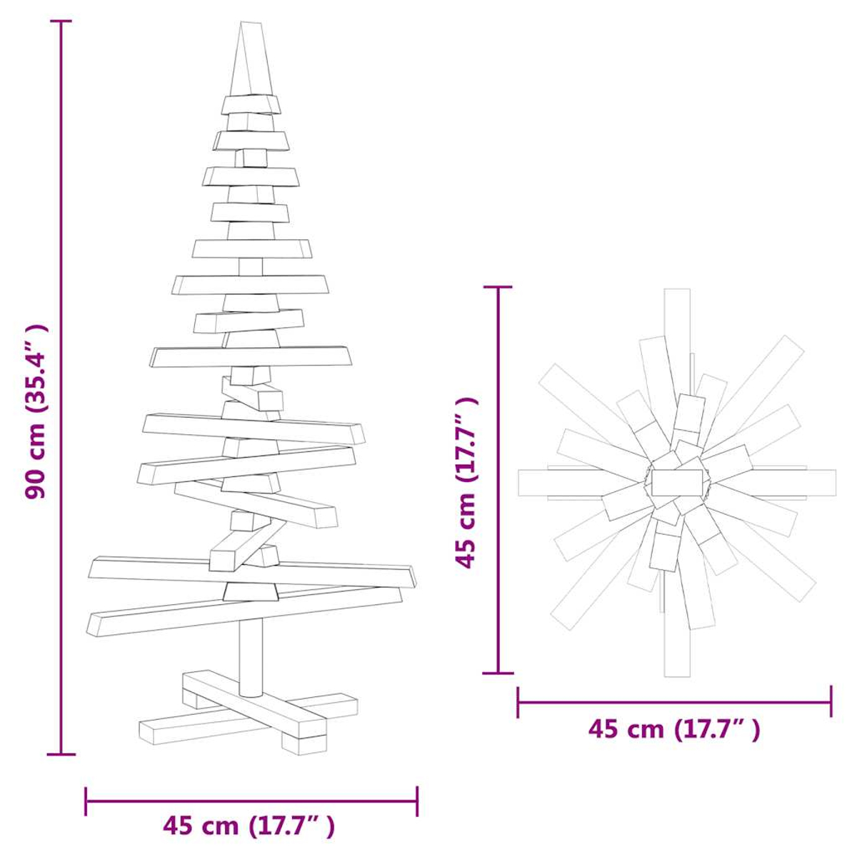 Zwei dekorative Holzartikel: ein Weihnachtsbaum und ein Stern. Beide im Strichstil mit Maßangaben in Zentimetern und Zoll.