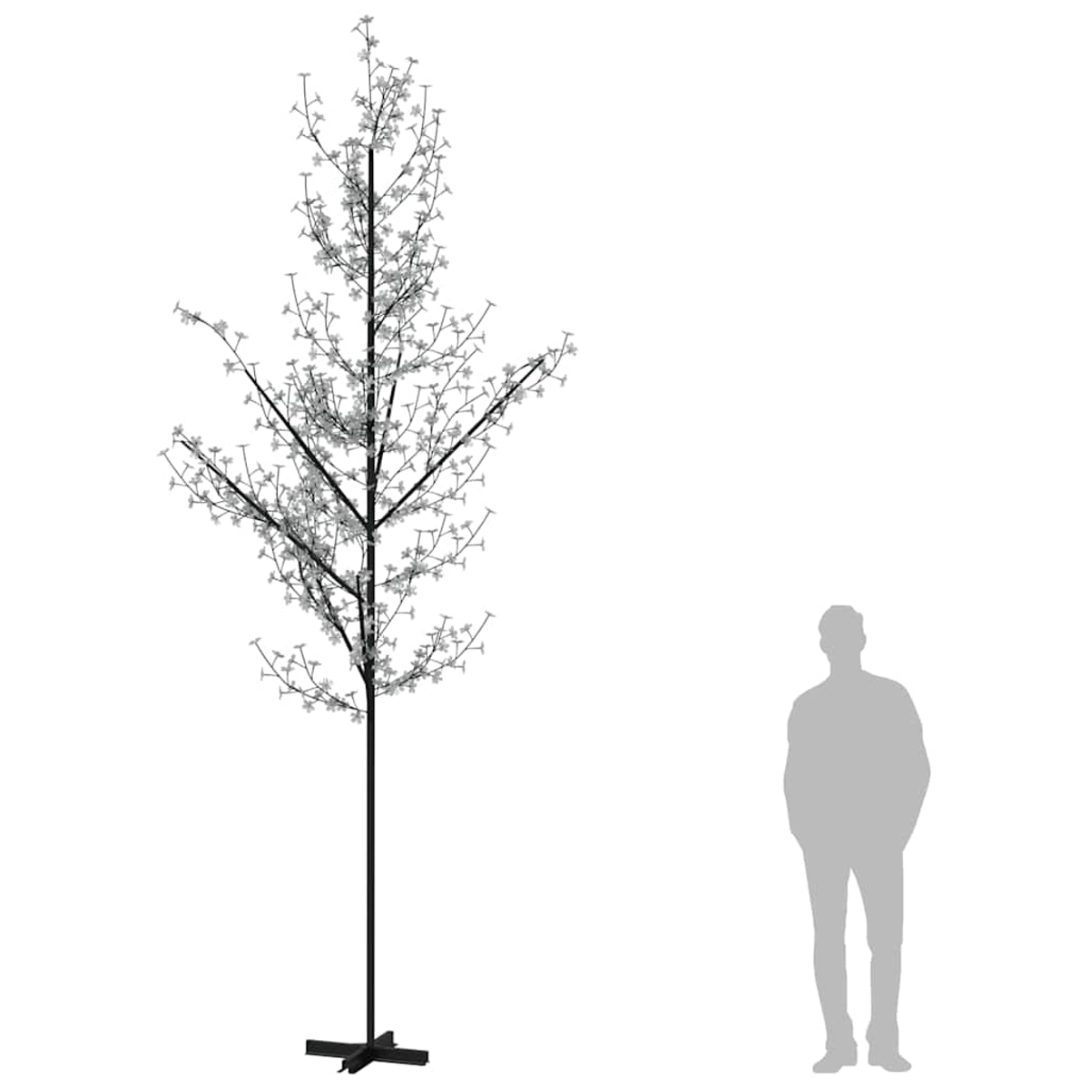 Ein hoher, schwarzer, künstlicher Baum mit weißen Lichtern, neben einer silhouettierten menschlichen Figur auf weißem Hintergrund.