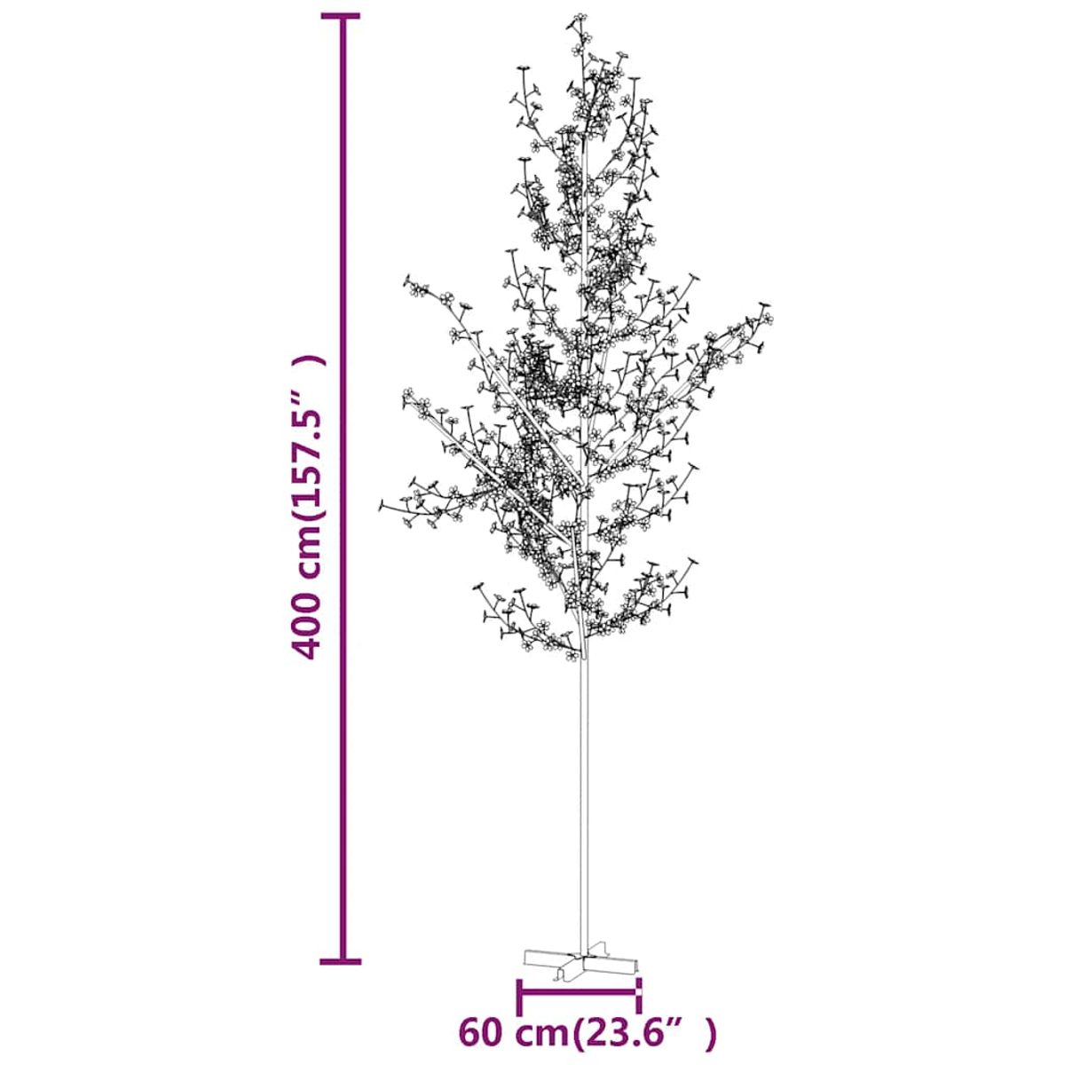 Eine Schwarz-Weiß-Illustration eines hohen Baumes mit vielen kleinen Ästen und Blüten. Der Baum steht auf weißem Grund.