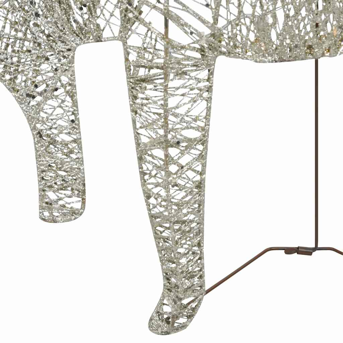 Bein und Körper einer silbernen Glitzer-Hirschskulptur mit Metallstütze vor weißem Hintergrund.