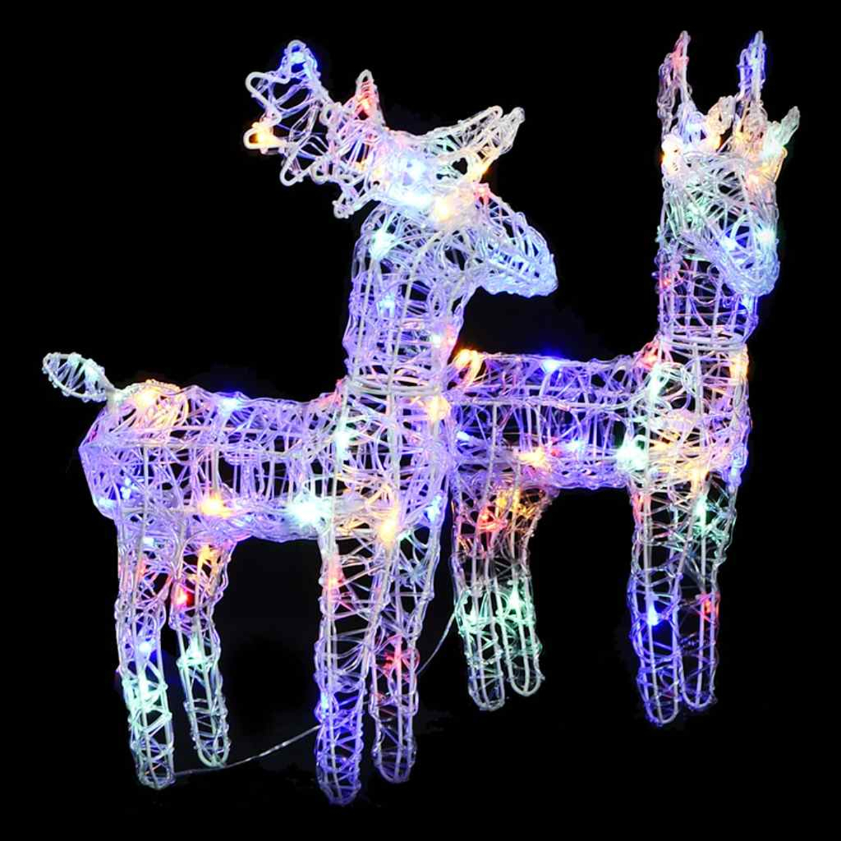 Zwei beleuchtete Rentierskulpturen mit bunten Lichtern vor schwarzem Hintergrund, festliche Weihnachtsdekoration.