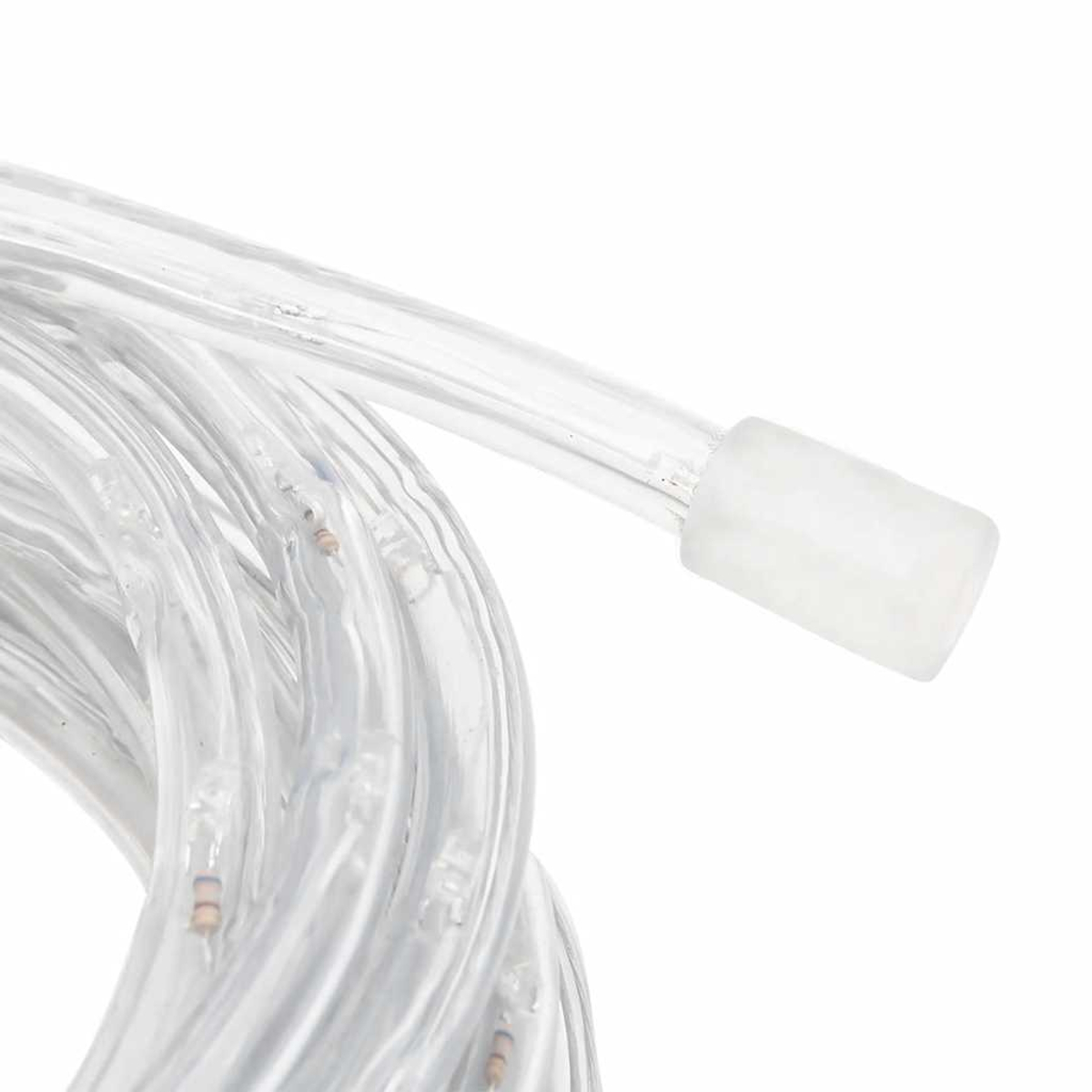 Nahaufnahme einer klaren, aufgerollten Lichterkette mit einem weißen Stecker am Ende. Die Lichter haben kleine, sichtbare Komponenten.