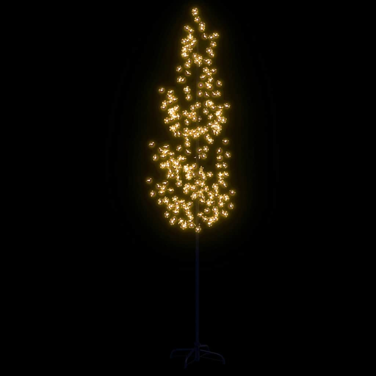 Ein dekorativer Baum mit vielen kleinen, warm getönten Lichtern vor schwarzem Hintergrund. Er hat eine dünne Stange und einen Sockel.
