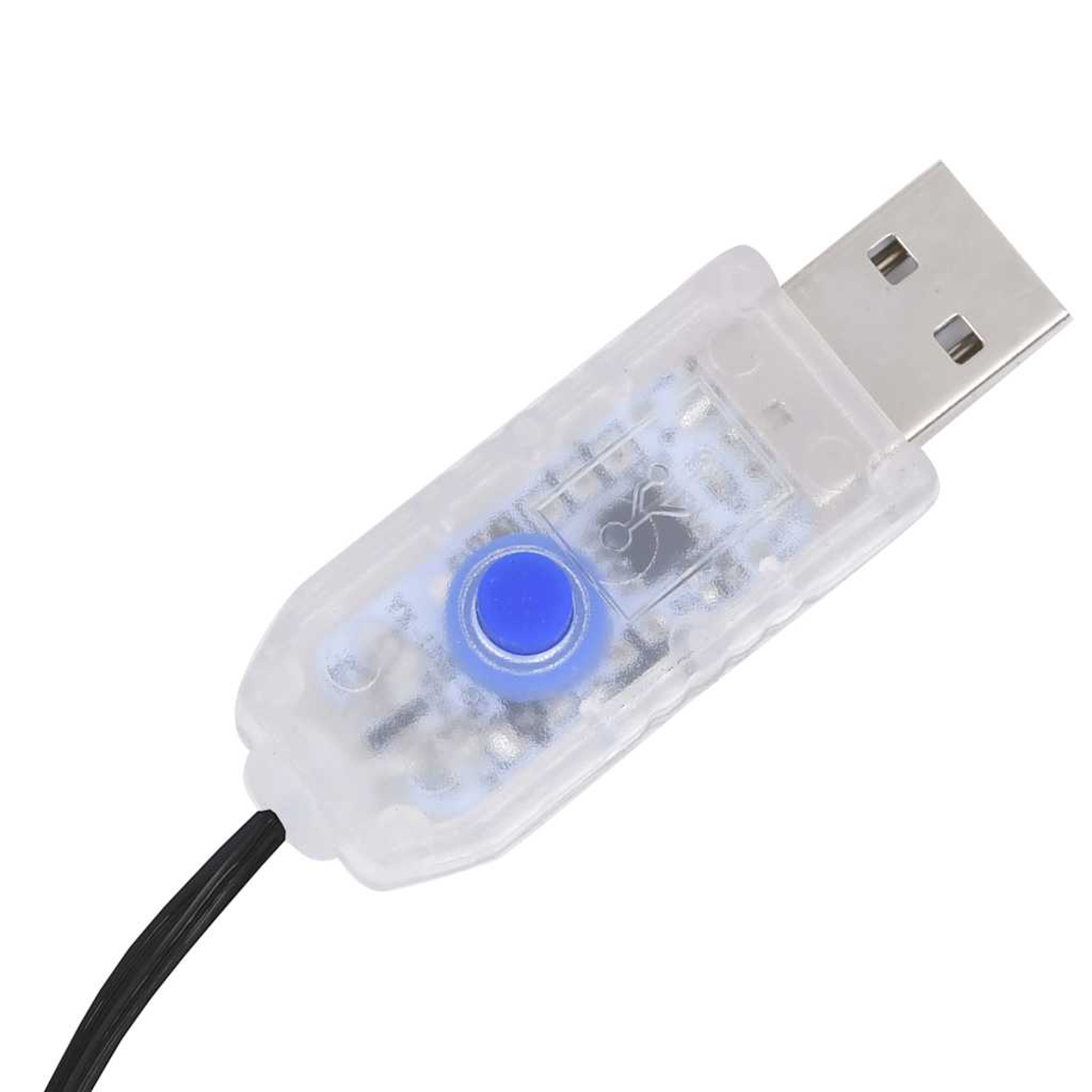 Ein durchsichtiger USB-Adapter mit blauem Knopf und Metall-USB-Anschluss. Ein schwarzes Kabel geht vom Adapter aus.