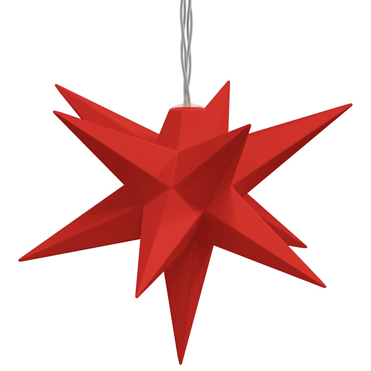 Ein roter sternförmiger Schmuck hängt an einem silbernen Draht vor einem weißen Hintergrund. Der Stern hat acht Spitzen.