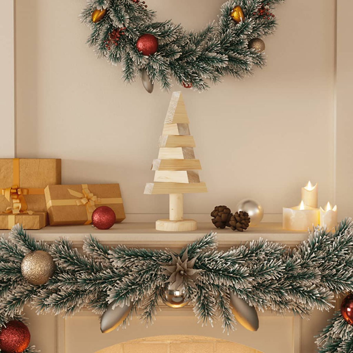 Eine Weihnachtsszene mit einem Holzbaum, Geschenken, Ornamenten, Girlande und brennenden Kerzen auf einem Kaminsims, alles mit Urlaubsfreude dekoriert.