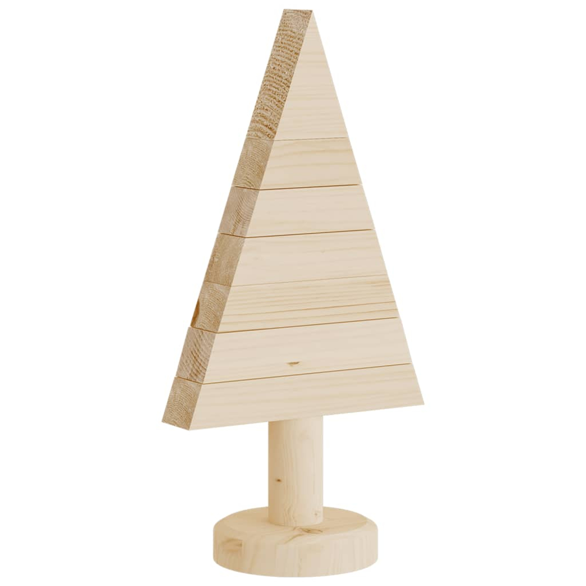 Weihnachtsbaumdekoration aus Holz. Es besteht aus hellem Holz mit dreieckiger Form und rundem Sockel.