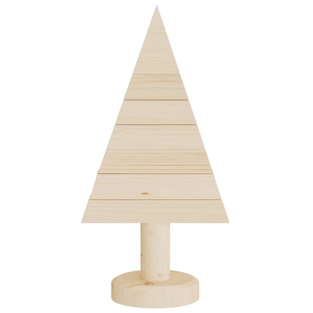 Ein Weihnachtsbaumschmuck aus Holz. Er ist hellbraun und hat eine konische Form aus Holzbrettern, die auf einem zylindrischen Sockel montiert sind.