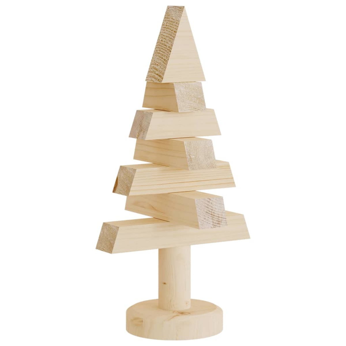 Ein dekorativer Weihnachtsbaum aus Holz. Er besteht aus gestapelten, hellfarbigen Holzblöcken. Die Basis ist rund, und der Hintergrund ist weiß.