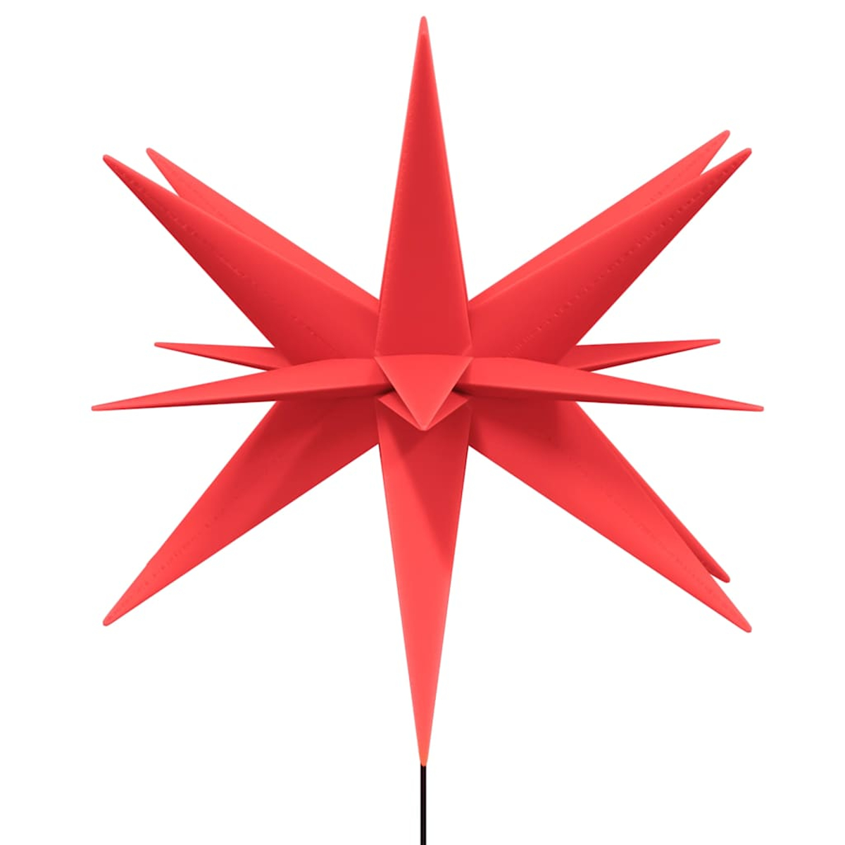 Eine rote Sternverzierung mit scharfen Spitzen. Es ist auf weißem Hintergrund zentriert. Unten ist ein schwarzer Stab.