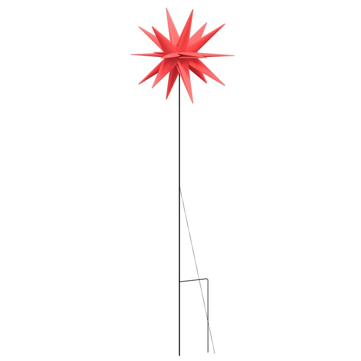 Eine rote sternförmige Dekoration an einem schwarzen Metallpfahl. Der Stern hat mehrere Spitzen, und der Pfahl hat eine Stütze.