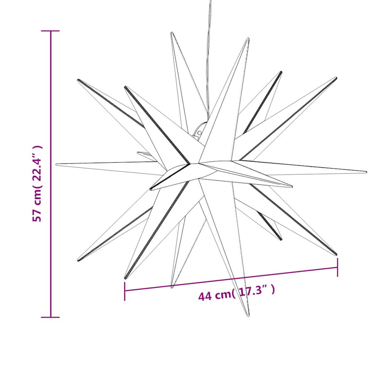 Eine sternförmige Pendelleuchte, weiß mit schwarzen Umrissen. Die Abmessungen sind 57 cm (22,4 Zoll) hoch und 44 cm (17,3 Zoll) breit.