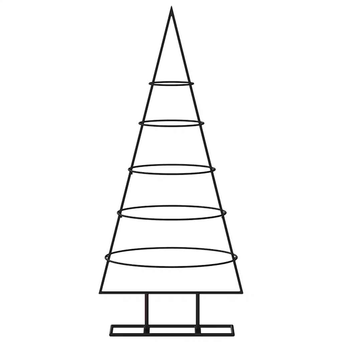 Eine schwarze Metall-Pflanzenstütze in Form eines Weihnachtsbaums. Sie hat eine spitze Spitze und mehrere horizontale Ringe zur Pflanzenunterstützung.