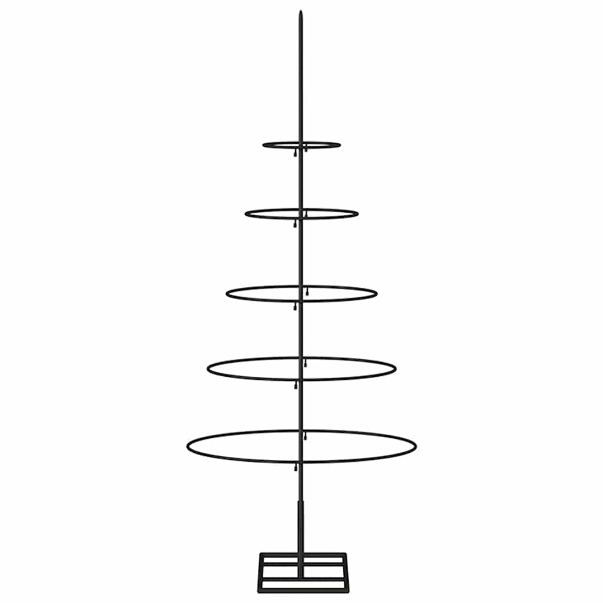 Ein schwarzer, mehrstufiger Ausstellungsständer aus Metall, der einem Weihnachtsbaum ähnelt. Er hat eine Basis, eine Mittelsäule und mehrere kreisförmige Ebenen.