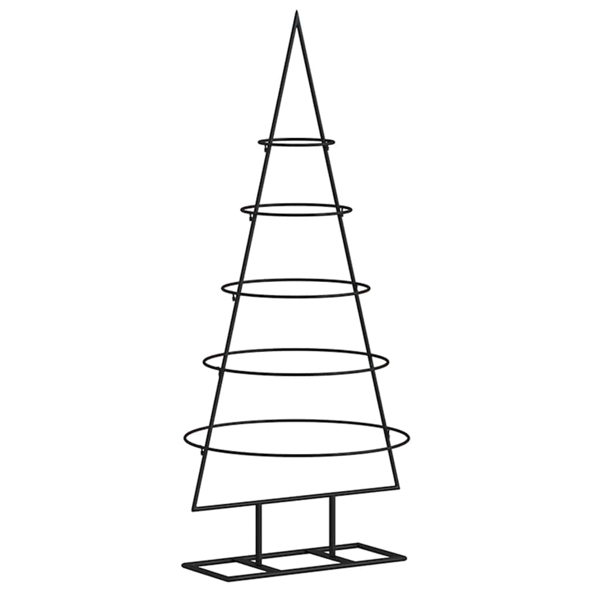 Ein schwarzer Weihnachtsbaum-förmiger Metall-Ausstellungsständer. Er hat ein dreieckiges Gestell mit kreisförmigen Regalen und einer rechteckigen Basis.