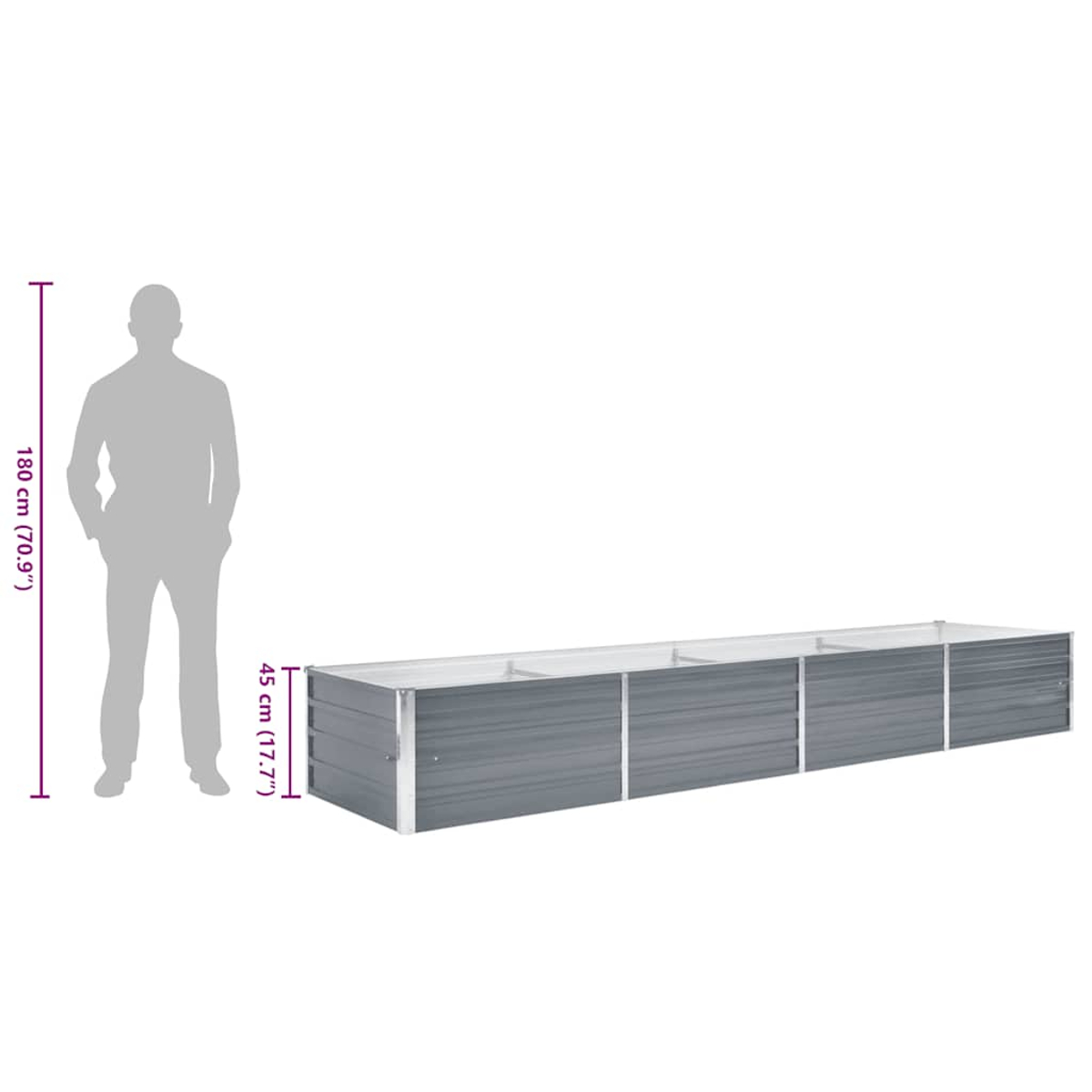 Eine Person steht neben einem langen, grauen Metall-Pflanzkasten. Abmessungen sind markiert: 180 cm (70,9") Höhe und 45 cm (17,7") Breite.