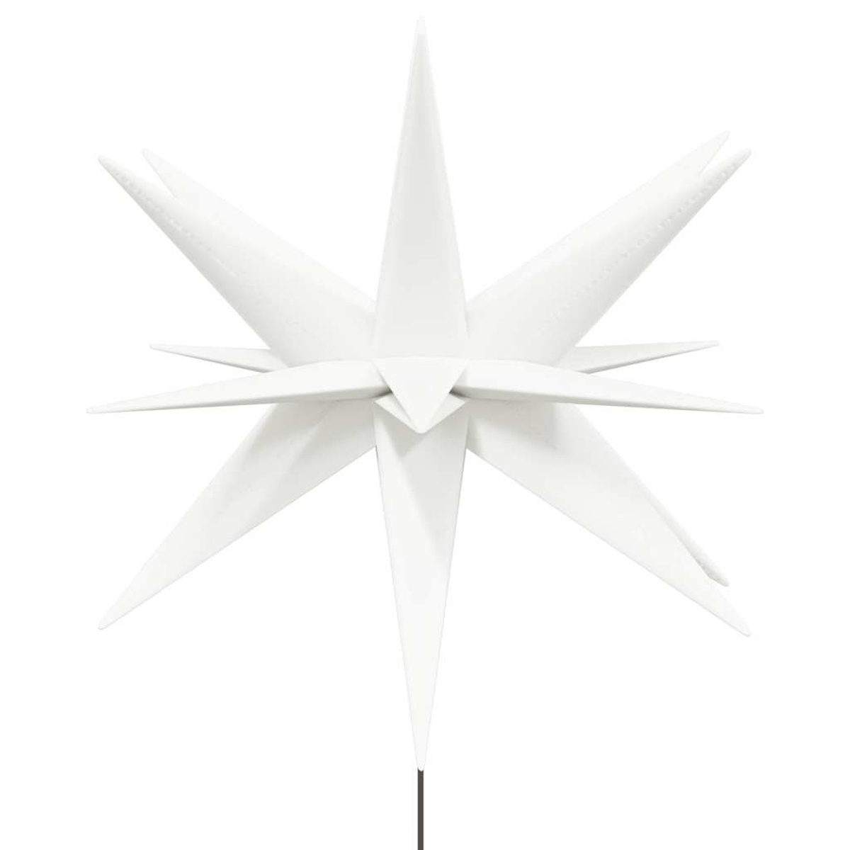 Ein weißes, sternförmiges Ornament mit spitzen Spitzen, von vorne betrachtet. Es hat acht Zacken und ist vor weißem Hintergrund platziert.