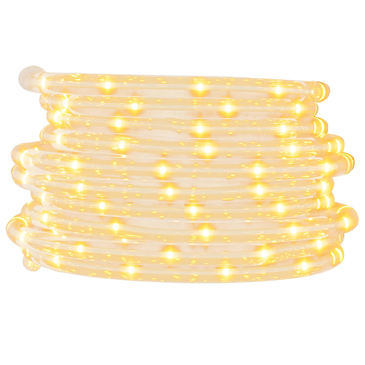 Eine Spule aus klarem Kunststoffschlauch mit kleinen, warmgelben Lichtern. Die Lichter sind gleichmäßig verteilt und geben ein sanftes Leuchten ab.