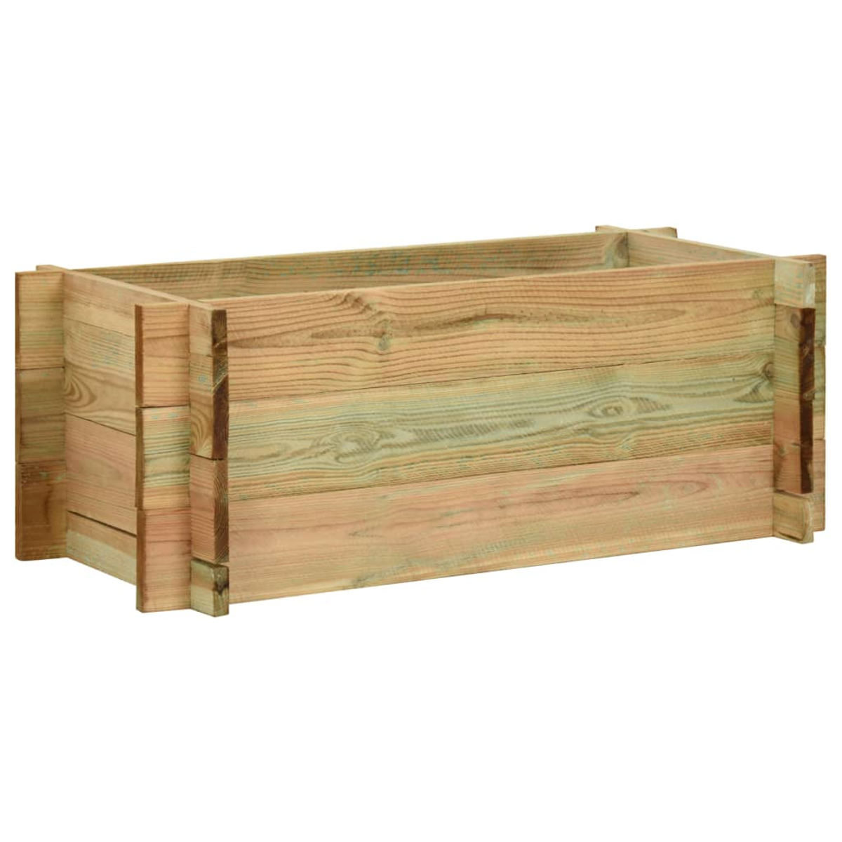 Eine rechteckige Holzpflanzkiste. Das Holz hat eine natürliche Farbe mit sichtbarer Maserung. Es ist leer und bereit zum Bepflanzen.