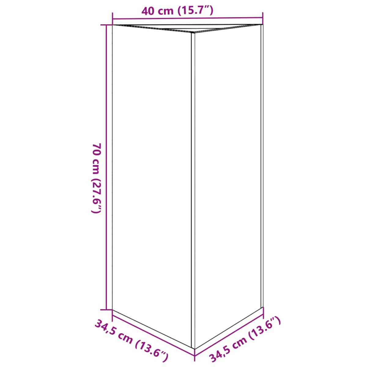 Ein weißer, hoher, prismenförmiger Displayständer mit den Maßen: 70 cm Höhe, 40 cm oben und 34,5 cm Basisseiten.