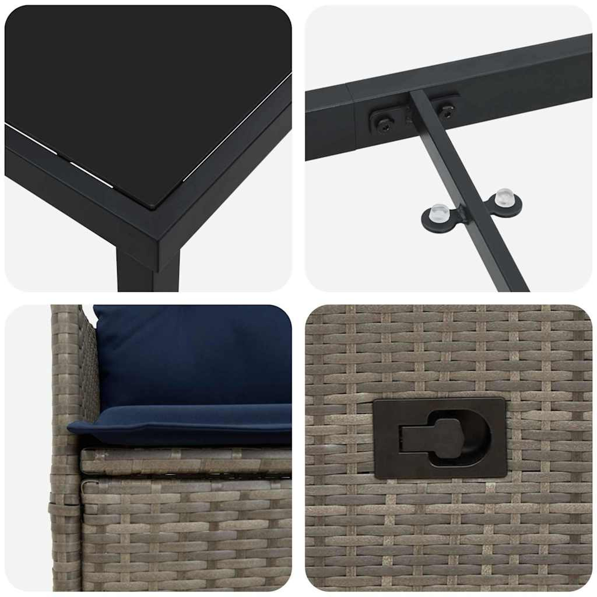 Nahaufnahmen von Outdoor-Möbelteilen: eine schwarze Tischkante, Metallrahmen, geflochtene Stuhldetail mit blauem Kissen und Griff.