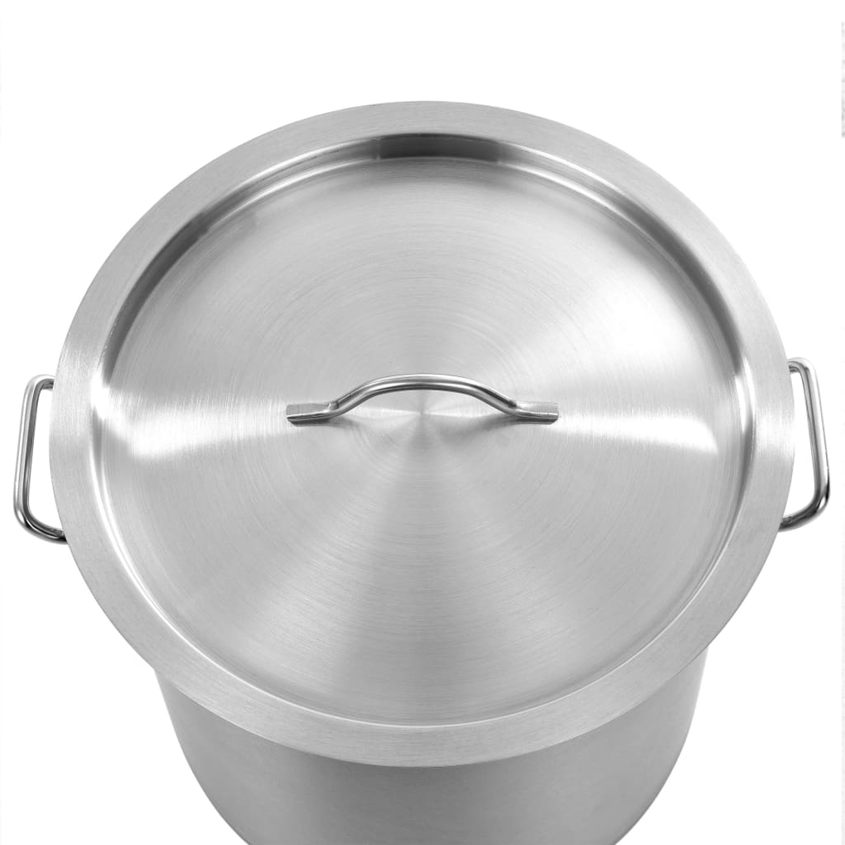 Ein Edelstahlkochtopf mit Deckel wird von oben gezeigt. Der Topf hat zwei Griffe und einen gebogenen Griff auf dem Deckel.