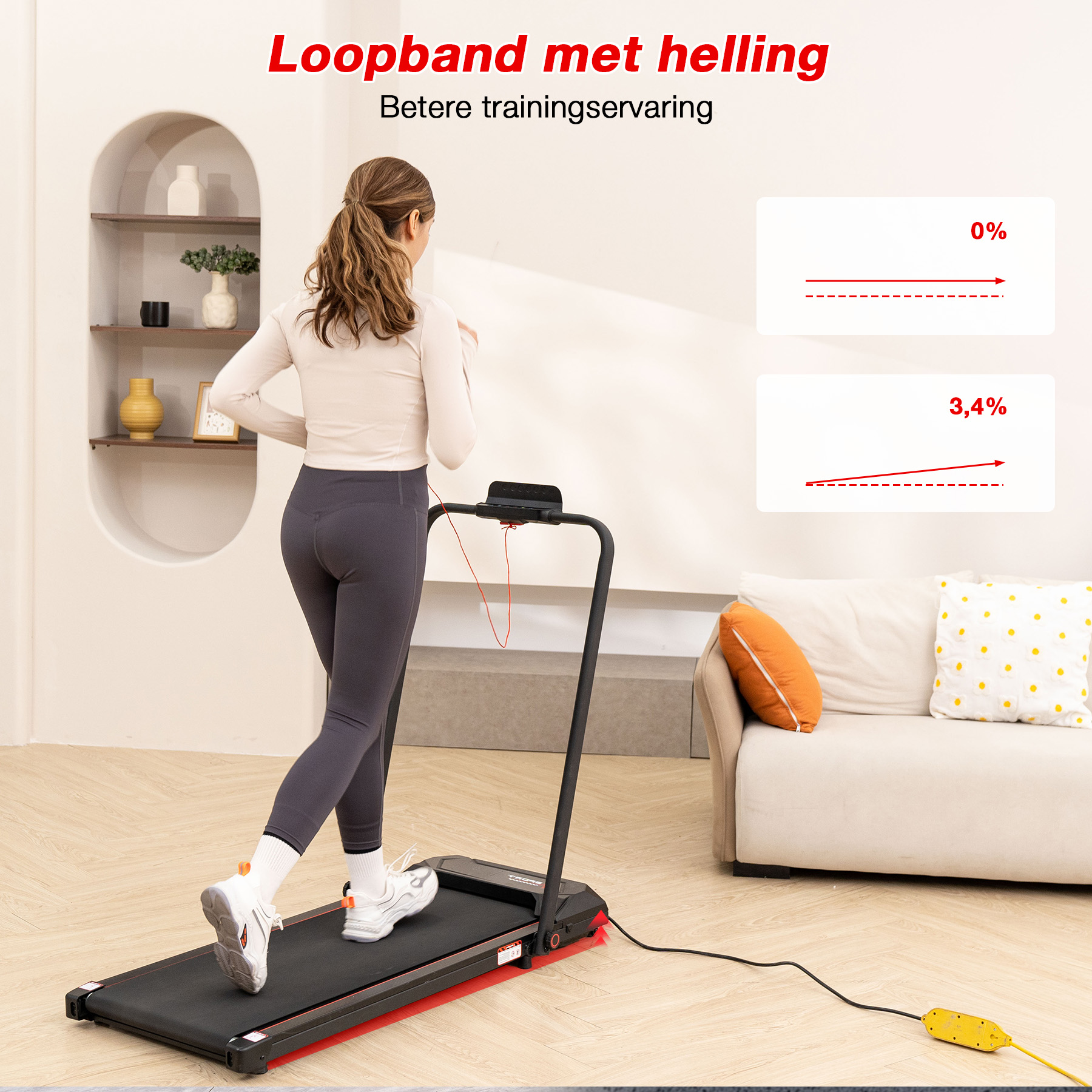 Woman running on a treadmill. Text reads 'Loopband met helling'. Diagrams show 0% and 3.4% incline. Sofa visible.