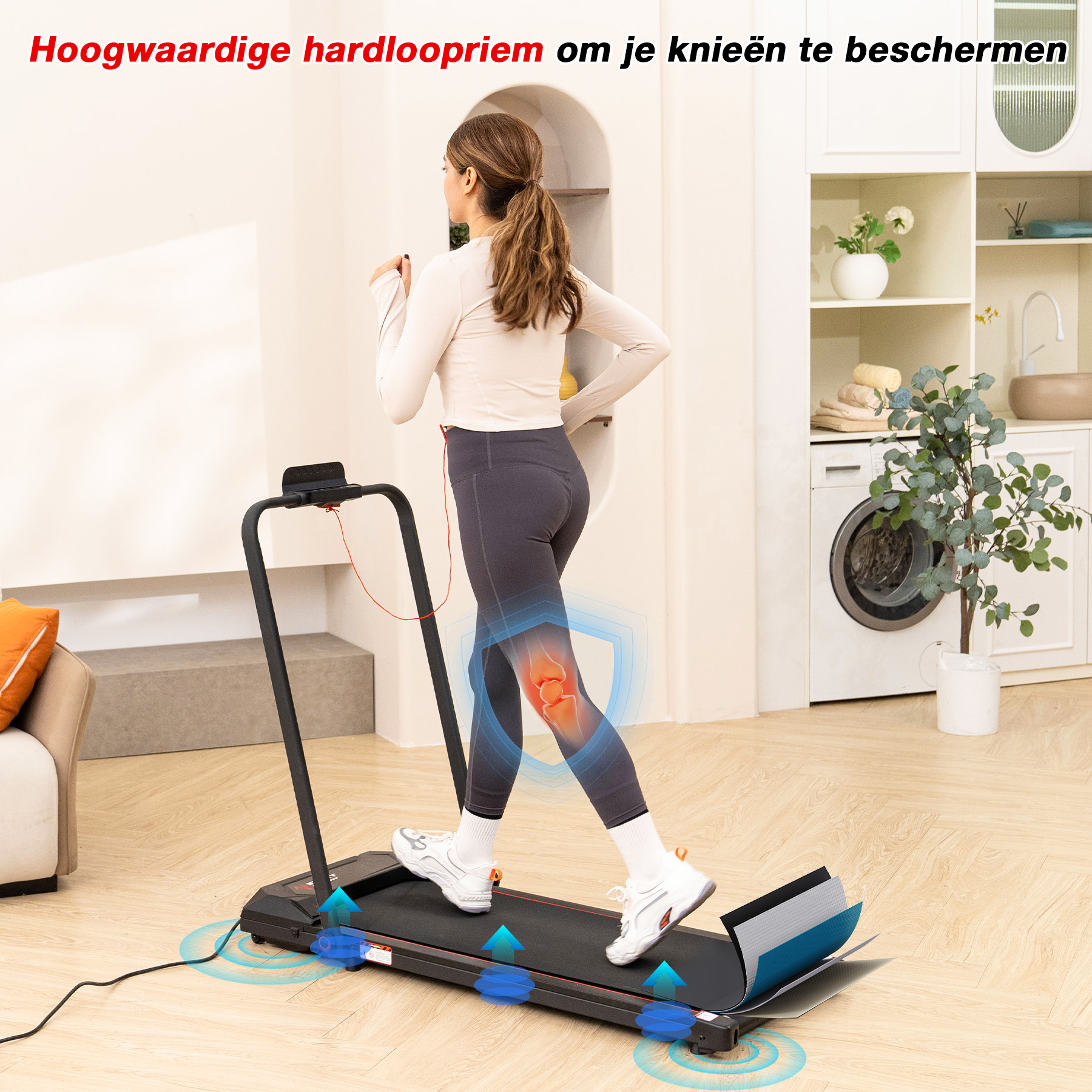Woman running on treadmill. Knee highlighted with graphic. Text at the top says protect your knees.