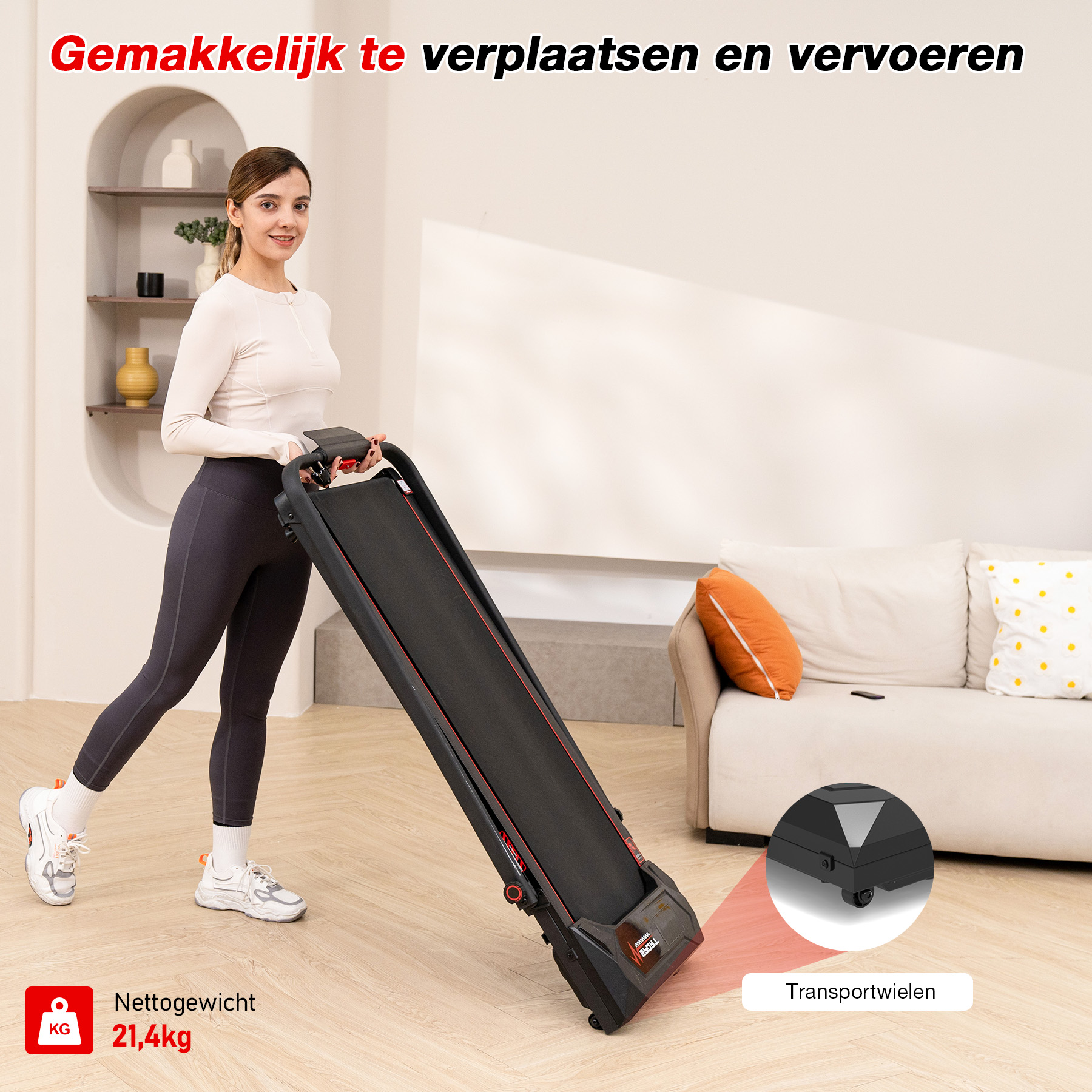 A woman carries a folded treadmill. It's black and red. The scene includes a sofa, wall shelves, and the text 'Easy to move'.