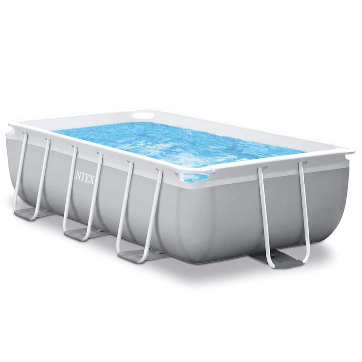 Rechteckiger oberirdischer Pool mit blauem Wasser gefüllt. Es hat einen grauen Rahmen mit weißen Stützen und einem weißen Rand.