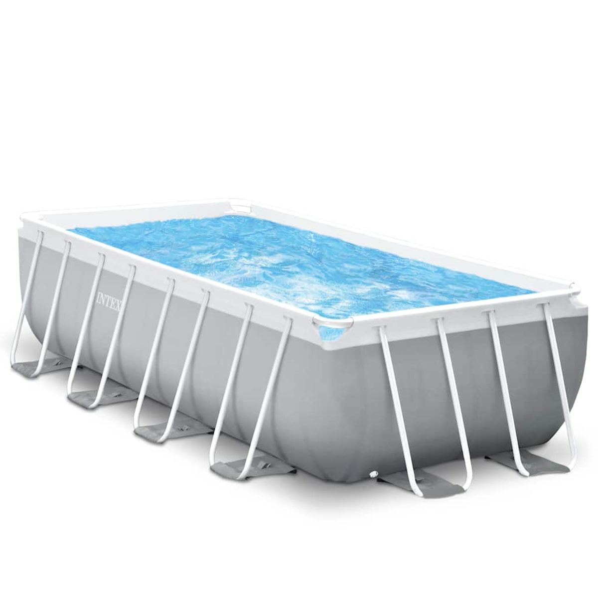Ein rechteckiger oberirdischer Pool mit grauen Seiten und weißem Rahmen. Der Pool ist mit blauem Wasser gefüllt. Das Intex-Logo ist sichtbar.