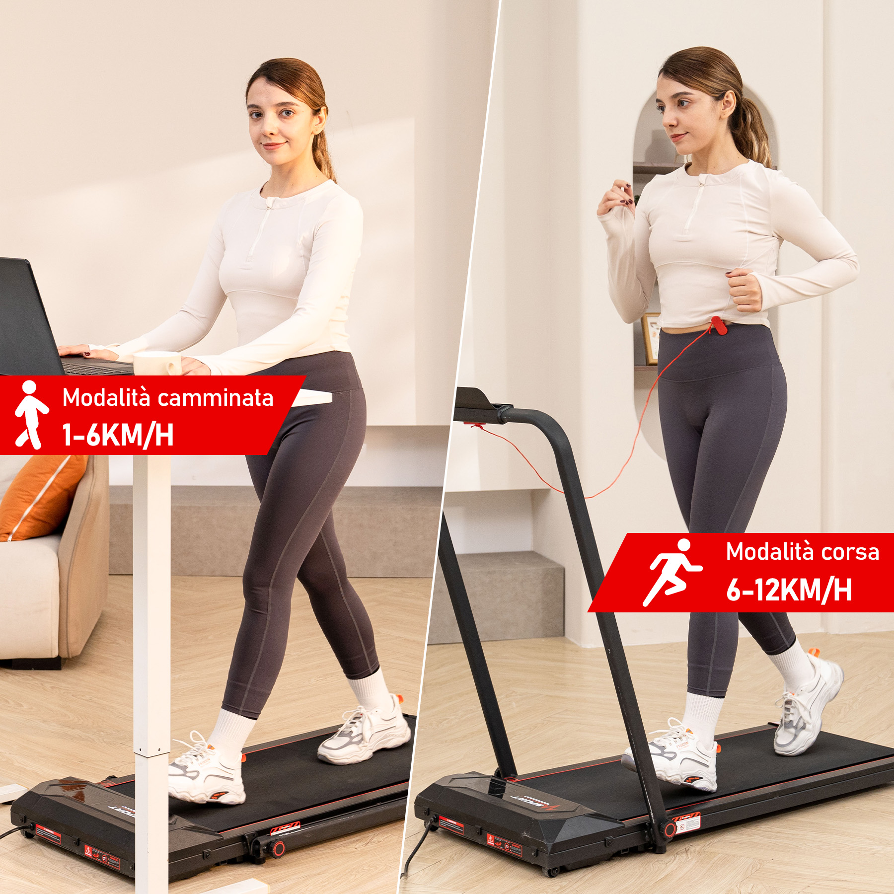 Una donna cammina e corre su un tapis roulant. Indossa un top bianco e pantaloni grigi. Il tapis roulant è nero.