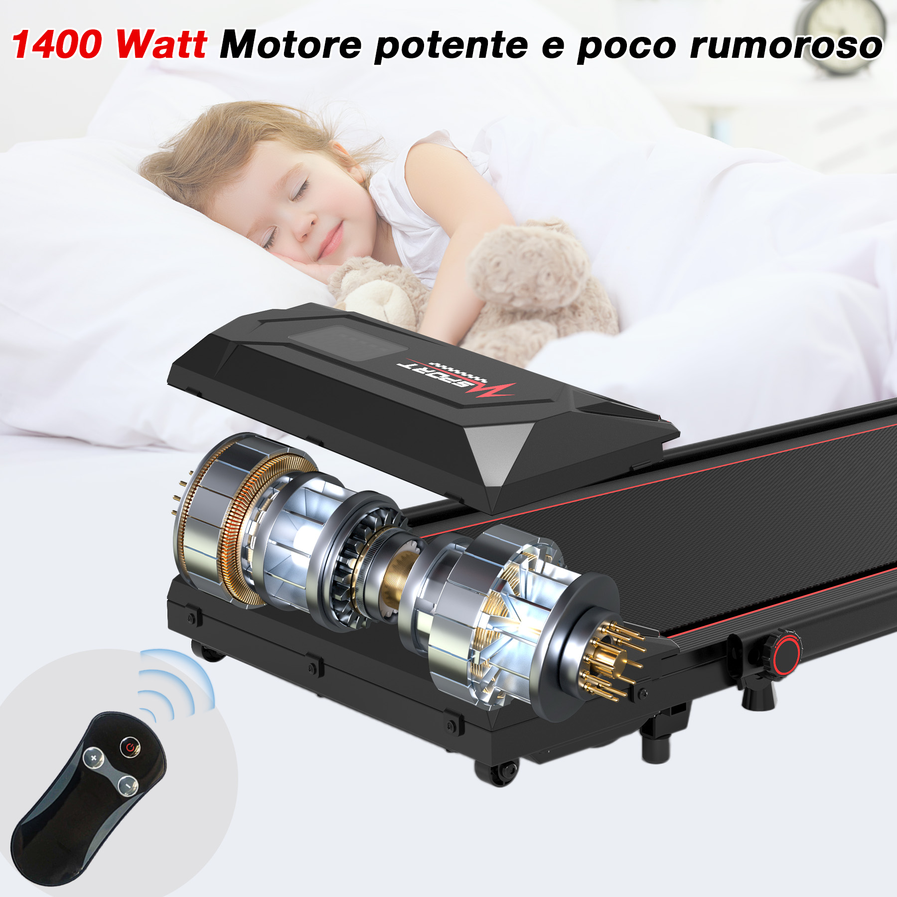 Un bambino che dorme vicino a un tapis roulant con il motore esposto. Un telecomando è nell'angolo in basso a sinistra. Il testo dice 1400 Watt.