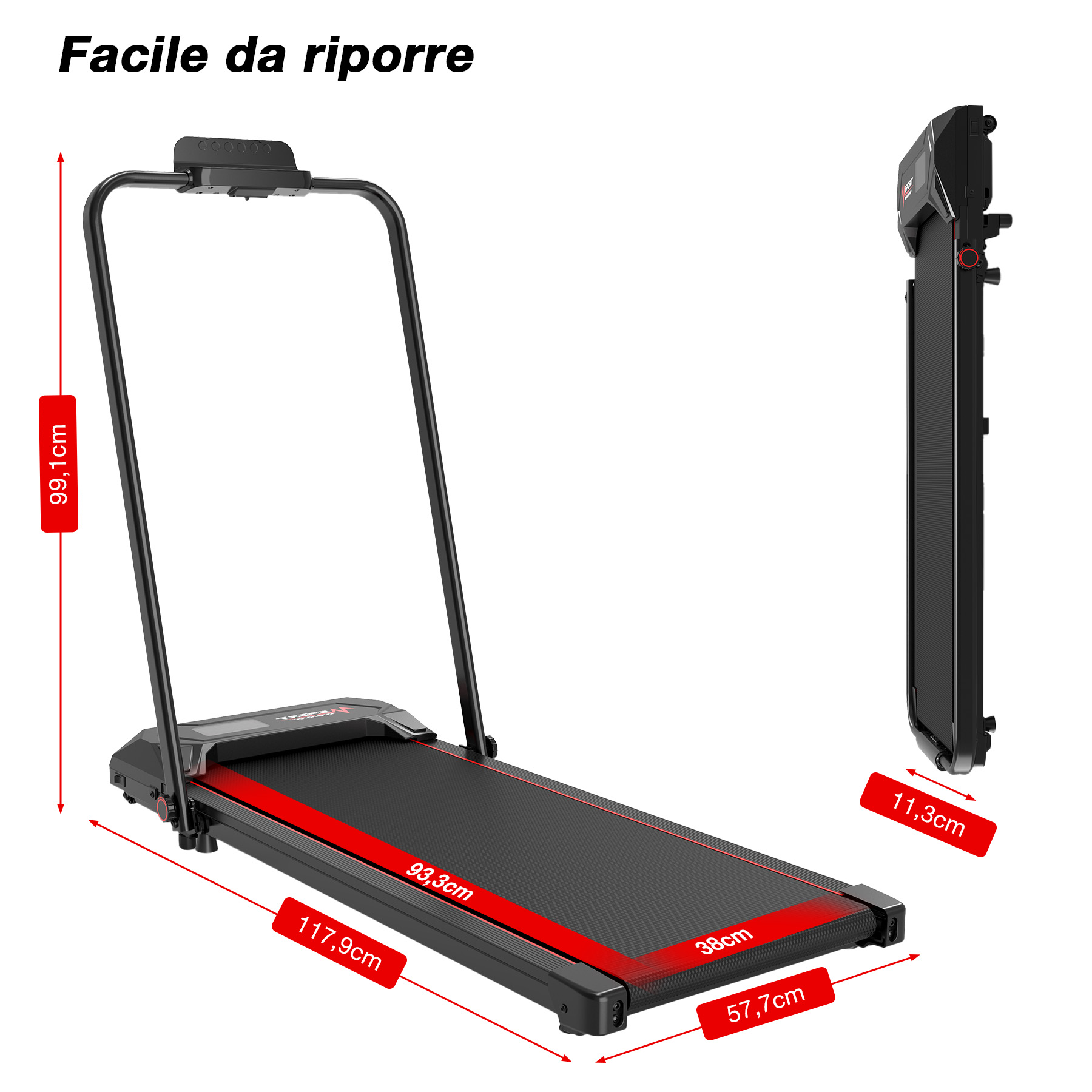 Tapis roulant nero con dettagli rossi. Vengono mostrate le dimensioni. Nell'angolo, un'immagine del tapis roulant piegato.