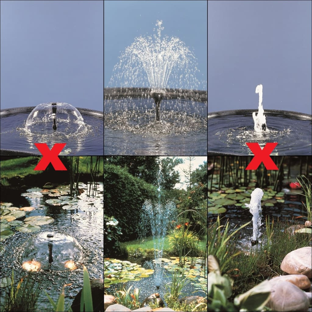 Eine Collage mit Wasserfontänen. Obere Reihe: Kuppel, Spray und ein einzelner Strahl. Untere Reihe: Brunnen in einem Teich.