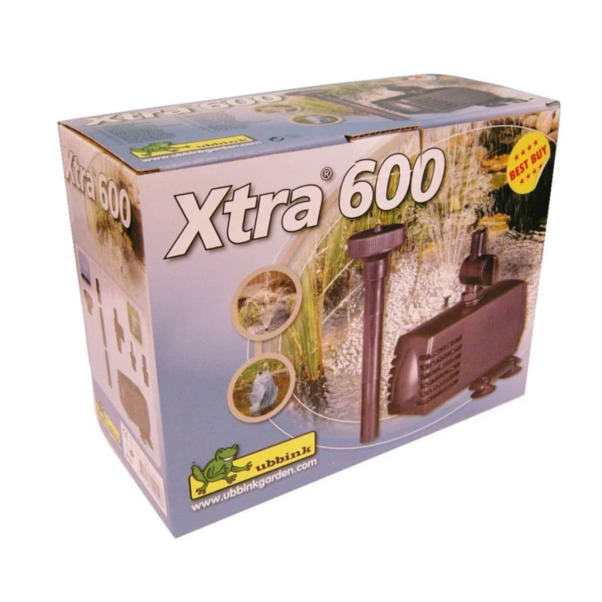 Eine Schachtel für die Xtra 600 Wasserpumpe. Auf der Schachtel sind die Pumpe, Wasserspiele und ein Best Buy-Aufkleber abgebildet.