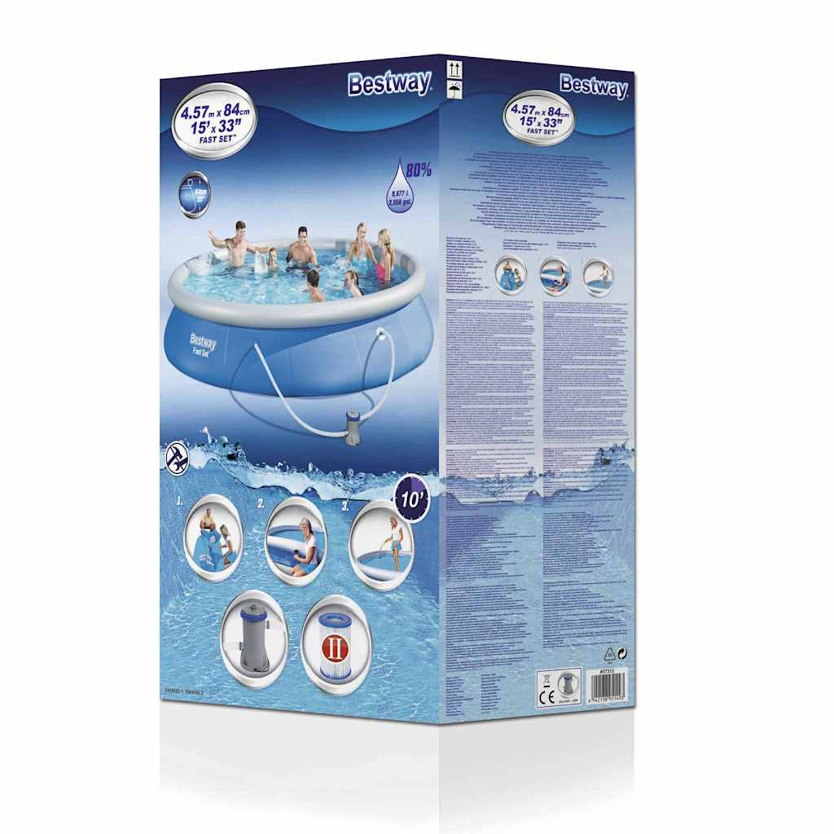Schachtel mit einem blauen Bestway-Pool mit Personen darin. Details umfassen Abmessungen, Kapazität und Montageschritte.